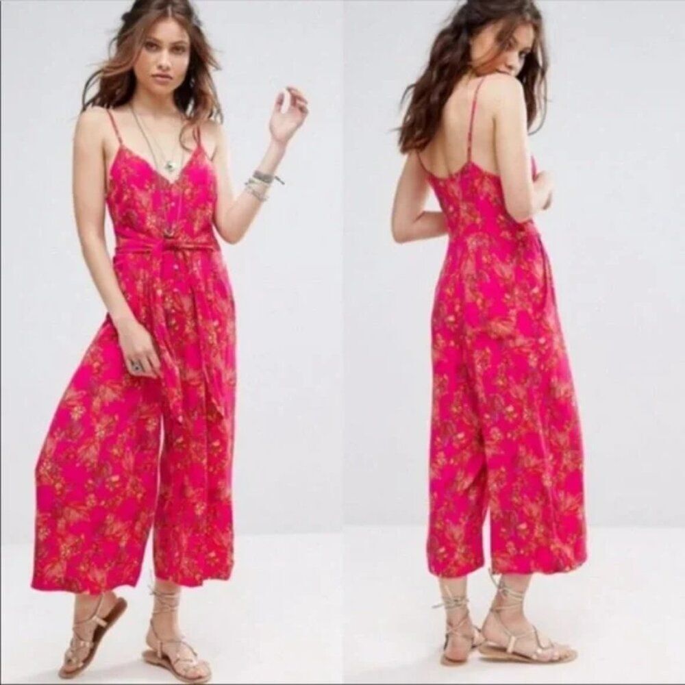 Free People Hot Tropics Jumpsuit Wide Leg Romper Floral Crop Capris Pink floral
